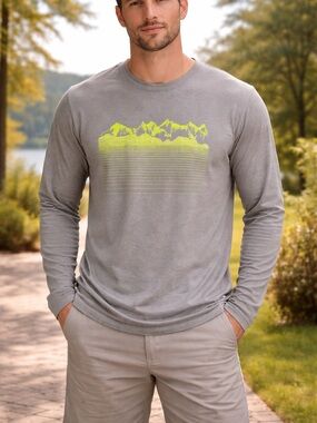 Mountain Warehouse Men's Long Sleeve Gray Tee with Neon Yellow Graphic